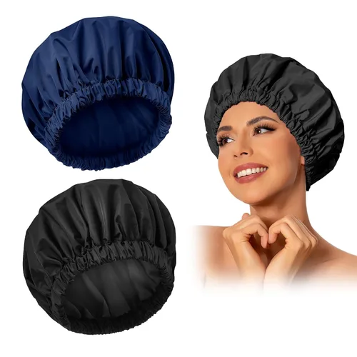 Vista 34 de Gorro de ducha reutilizable para mujer, grande, impermeable, lavable, banda elástica, accesorios de baño, sombrero para cabello largo, trenzas Beige
