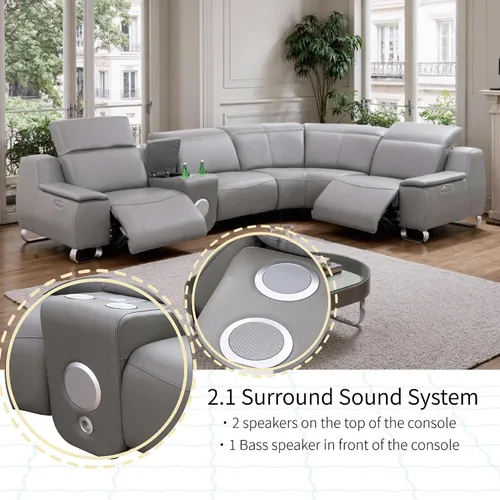 Vista 4 de Juego seccional de cuero de grano superior para sala de estar, puerto de carga USB, sillón reclinable eléctrico convertible para casa, sala