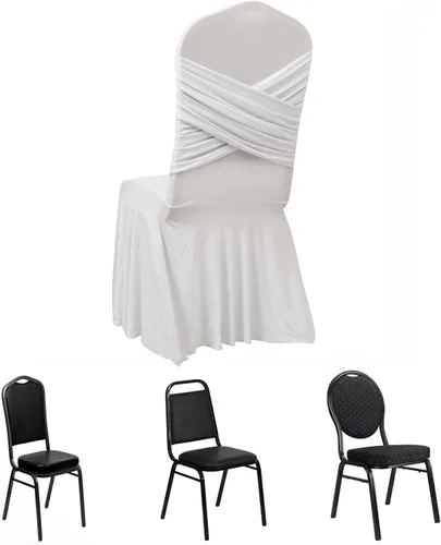 Vista 36 de Efavormart - Funda para silla de banquete de elastano con falda plisada con volantes y banda trasera cruzada, funda elástica negra para bodas y Negro