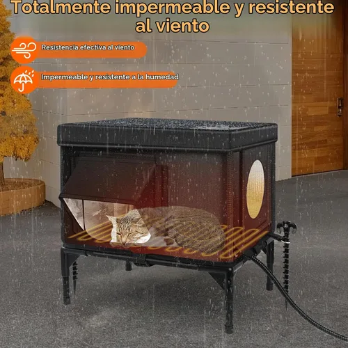 Vista 4 de Casa de gatos al aire libre climatizada resistente a la intemperie con almohadilla térmica, casa climatizada para gatos al aire libre, casas