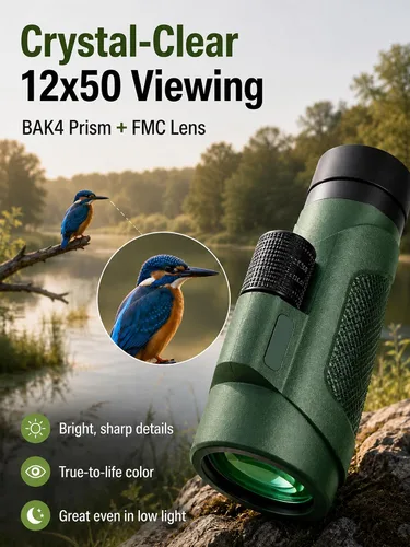 Vista 2 de Monocular de 12x50 para adultos, monocular de alta potencia con BAK4 Verde
