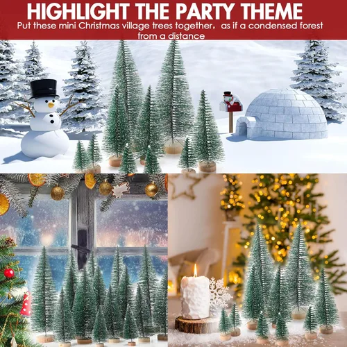Vista 6 de Geetery 25 piezas de mini árboles de Navidad, árboles artificiales de pincel de botella con base de madera, árbol de Navidad de sisal de pueblo