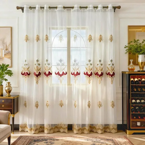 Vista 12 de Amidoudou 1 par de cortinas bordadas de lujo europeas para sala de estar y dormitorio (beige, 51 x 84 pulgadas)