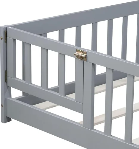 Vista 6 de Cama Montessori de tamaño matrimonial con tablillas, puerta y valla, cama Gris