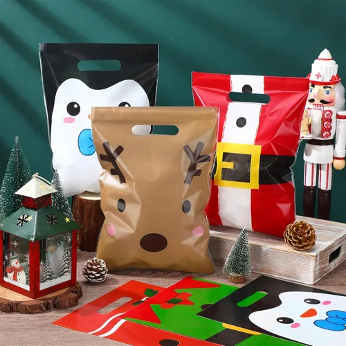 Vista 2 de Sinmoe 200 piezas bolsas de plástico de Navidad a granel, bolsa de regalo de mercancía de Navidad con asa de 9" x 12", reutilizable, bolsa