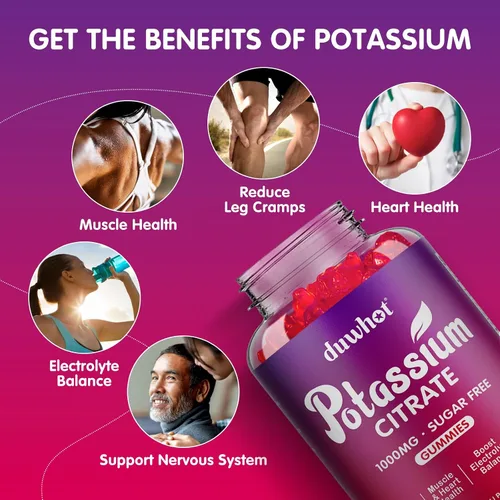 Vista 6 de duwhot Gomitas de citrato de potasio de 1000 mg, suplemento de potasio para adultos, mujeres y hombres, ayuda a calambres en las piernas y la salud