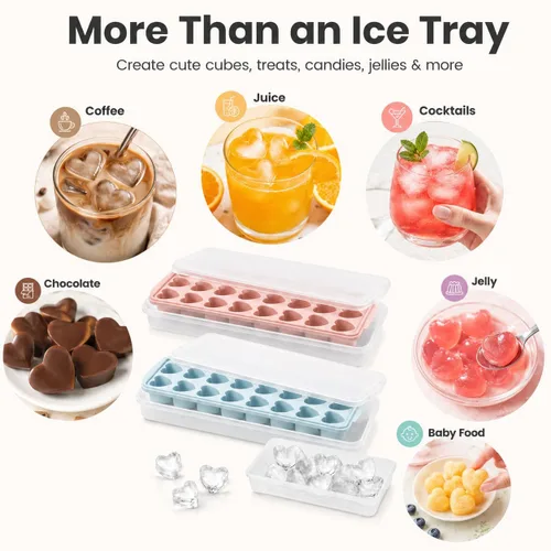 Vista 7 de 2 paquetes de bandejas para cubitos de hielo en forma de corazón con tapas y compartimentos, moldes de hielo con caja de almacenamiento de hielo, 48