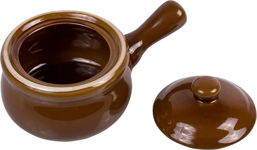 Vista 5 de HIC Kitchen Crocks de sopa de cebolla francesa con asas y tapas, cerámica de cerámica, marrón, 14 onzas, juego de 4