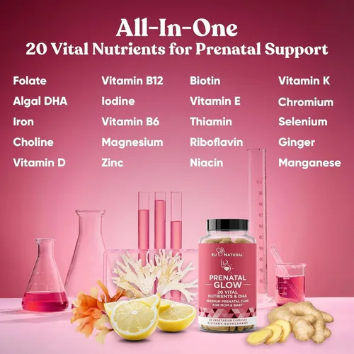 Vista 3 de Glow Vitaminas prenatales + folato & DHA – Multivitamínico para nutrir el embarazo, para bebés y mamá saludables – Ácido fólico, jengibre, zinc
