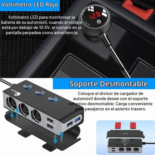 Vista 5 de Qidoe - Divisor de encendedor de cigarrillos de carga rápida 3.0, adaptador de encendedor de cigarrillos de 180 W con 4 USB de carga rápida, CC 12
