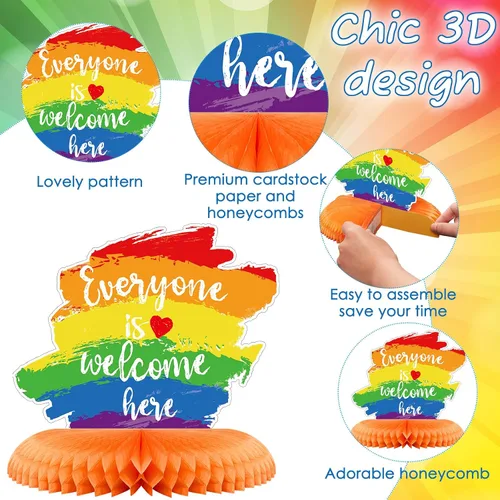 Vista 3 de 9 piezas de decoración del mes del orgullo, centro de mesa de panal de abeja de orgullo, decoraciones de fiesta de arco iris, centros de mesa Love