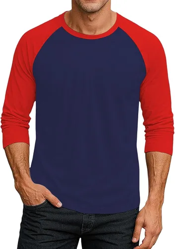 Vista 4 de Camiseta de béisbol raglán para hombre, manga larga, cuello redondo, tela ligera que absorbe la humedad para uso casual