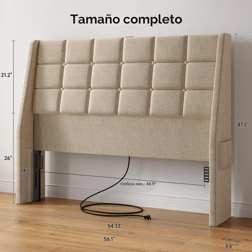 Vista 2 de Cabecera ergonómica tapizada de tamaño completo con estación de carga, cabeceros wingback de lino con bolsillo de almacenamiento, solo cabecero