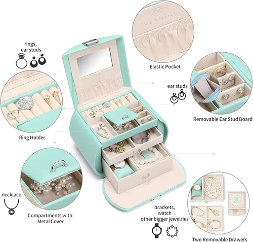 Vista 8 de Caja de joyería Vlando para niñas, estilo princesa, diseño de media luna (color verde)