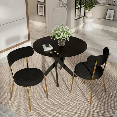 Vista 23 de Moderno juego de mesa de comedor redonda de 3 piezas, mesa de MDF circular negra y 2 sillas de comedor negras Boucle, muebles de cocina con marco