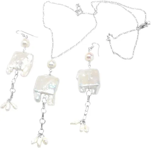 Vista 8 de Large White Notched Rectangle Cultured Freshwater Pearl Chain Necklace Sterling Silver Gold-filled