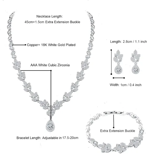 Vista 2 de Hadskiss Juego de joyas para mujer collar y aretes colgantes juego de joyas chapadas en oro blanco con circonita cúbica AAA blanca sin alergias