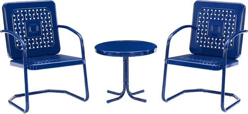 Vista 2 de Crosley Furniture Bates - Juego de 3 sillas y mesa auxiliar para exteriores de metal retro, juego de conversación para patio, color azul marino