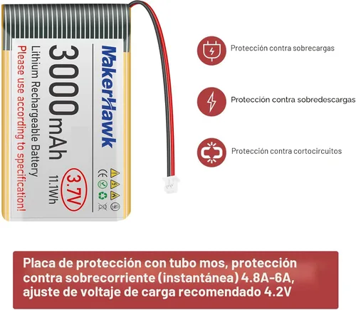 Vista 5 de MakerHawk Batería LiPo de 3.7 V 3000 mAh recargable 1S 103665 Batería de polímero de litio con placa de protección cinta de goma aislada, enchufe