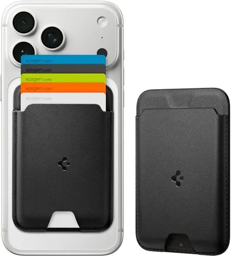 Vista 18 de Spigen para Billetera MagSafe, Sostiene 2 Tarjetas, MagFit Compatible con Modelos iPhone 17/16/15/14/13/12, Serie Pixel 10, Fundas MagSafe Pu Negro
