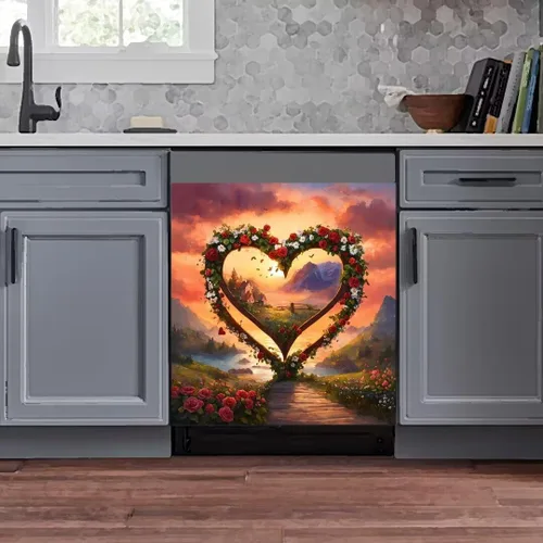 Vista 3 de Calcomanía magnética de vinilo para lavavajillas, diseño de paisaje de montaña, corona de flores, corazón, para decoración festiva de cocina, 23