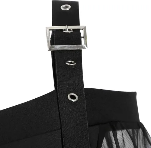 Vista 5 de SHOPESSA Camisas góticas sexys para mujer manga trompeta de malla blusas fluidas color negro para Halloween medieval punk renacentista