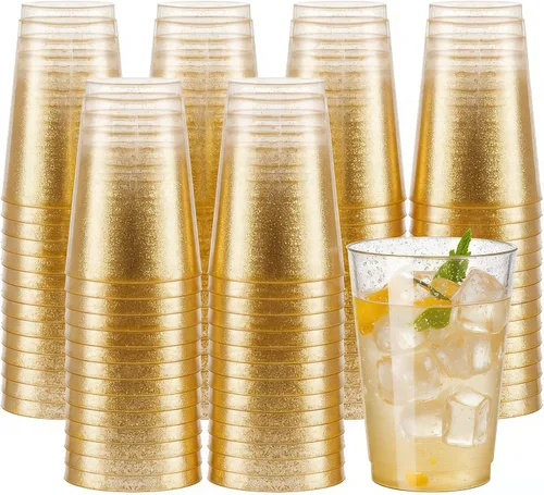 Vista 20 de Supernal 100 piezas de vasos de plástico azules, vasos desechables transparentes azules claros de 10 onzas con borde dorado, vasos de plástico