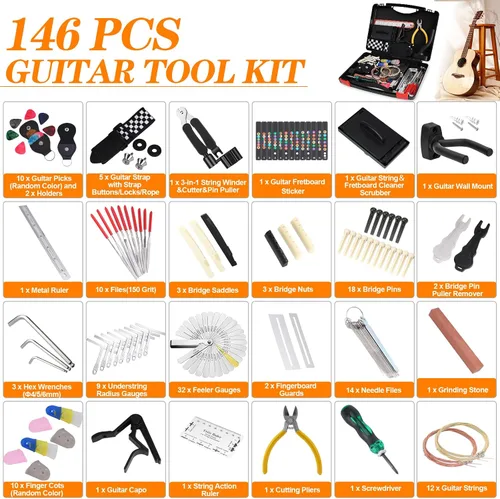 Vista 2 de Kit de herramientas de guitarra de 146 piezas, kit de reparación profesional de guitarra, kit de mantenimiento de guitarra con accesorios