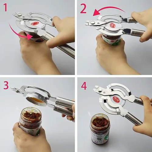 Vista 6 de Abrelatas de acero inoxidable multifuncional, abridor de latas manual removedor de tapa de tarro de botella ajustable, práctico tornillo de lata