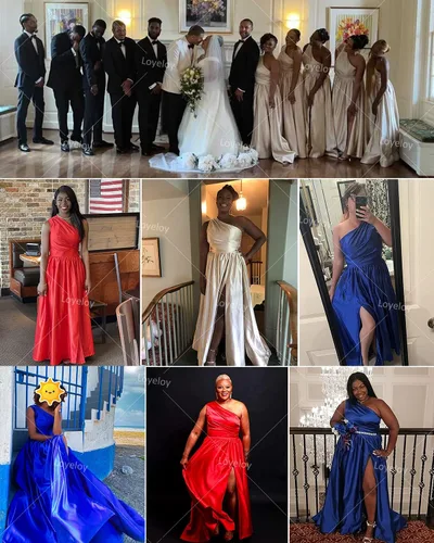 Vista 5 de Loyeloy Vestidos de baile largos para adolescentes, un hombro, plisado, de satén, sexy, con abertura, vestidos de noche formales para mujer