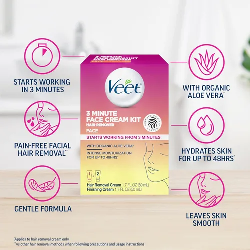 Vista 3 de Crema de depilación facial Veet de 3 minutos para mujeres, crema depilatoria con aloe vera orgánico, kit de depilación facial para mujeres de 2