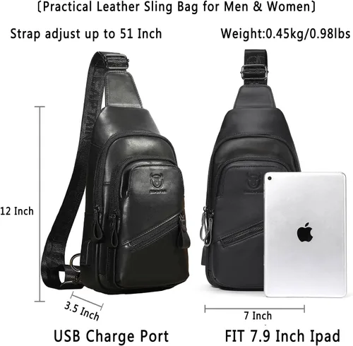 Vista 2 de BULLCAPTAIN Bolso bandolera de cuero para hombre, mochila cruzada con puerto de carga USB, mochila casual para hombro y pecho
