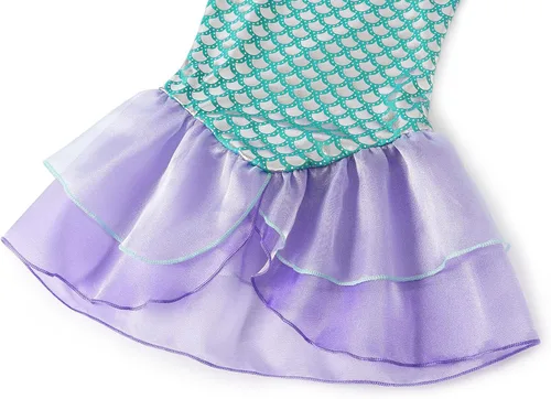 Vista 5 de Benylion Disfraz de princesa de sirena para niñas pequeñas, vestido de fiesta de lentejuelas para niños, Halloween, cumpleaños, vestido