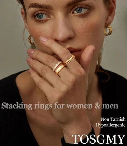 Vista 2 de TOSGMY Anillos de oro y plata para mujer, sin deslustre, anillos apilables modernos y delicados chapados en oro de 18 quilates, con circonita