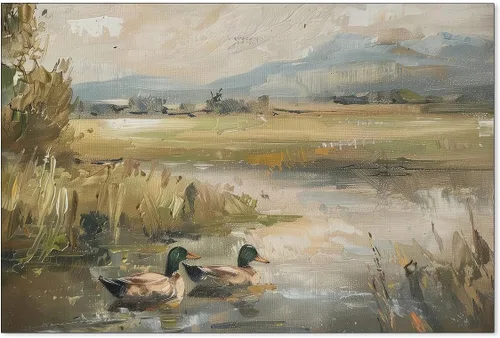 Vista 22 de Haitunone Póster de estanque de pato real con animales de granja, arte de pared, pintura de pato vintage, pintura al óleo, cazador de pájaros