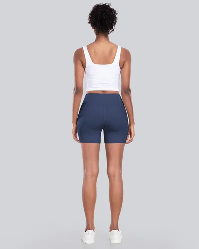 Vista 5 de CHRLEISURE - Pantalones cortos de ciclismo para mujer con bolsillos de licra, cintura alta, con control de abdomen para entrenamiento, yoga