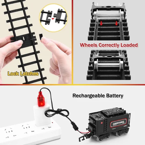 Vista 6 de Conjunto de tren para niños, locomotora con control remoto bajo el árbol de Navidad, tren eléctrico de juguete con vagones y vías largas, regalo