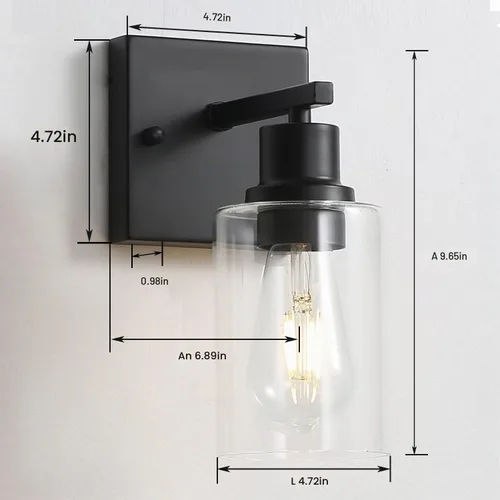 Vista 2 de [Usado] Accesorios de luz para tocador de baño, 1 luz de baño color negro mate, apliques de pared con pantalla de vidrio transparente para pasillo