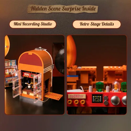 Vista 4 de PANTASY Kit de construcción retro Jukebox con función de moneda y sonido, modelo de caja de música mecánica con discos acrílicos, estudio