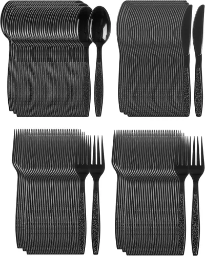 Vista 4 de Juego de cubiertos de plástico pesado, 200 tenedores, 100 cuchillos, 100 cucharas, combo de cubiertos desechables (negro)