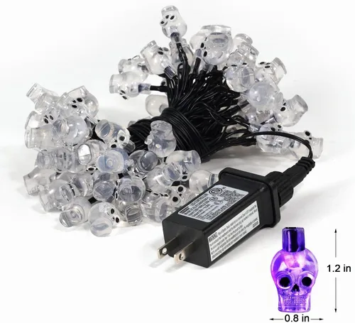 Vista 7 de RECESKY Guirnalda de 70 luces LED de calavera – Cadena de luces de Halloween enchufables de 22.6 pies para decoración de exteriores e interiores