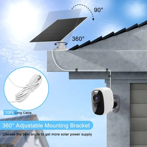 Vista 5 de DCT Panel solar para cámara de seguridad, 5 W con puerto micro USB y tipo C, IP65 impermeable al aire libre DC 5 V batería recargable 360° soporte