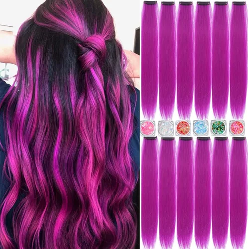 Vista 26 de Extensiones de cabello de colores, extensión de cabello liso con clip de 22 pulgadas, extensiones de cabello con brillantina multicolor arcoíris