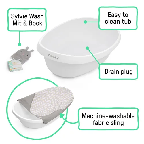 Vista 3 de Ingenuity Sylvi Full Comfort 3 en 1 Grow with Me - Bañera para bebé recién nacido a niño pequeño, eslinga de apoyo, incluye manoplas y libro