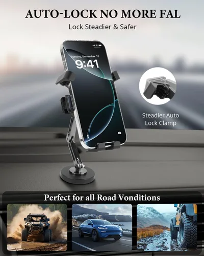 Vista 6 de Gravity Lock - Soporte de teléfono de doble brazo para automóvil con rotación de 360° y protección de silicona, soporte plegable universal