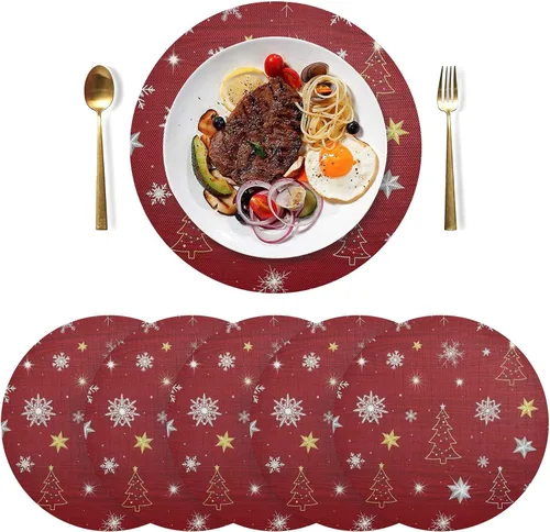 Vista 3 de Mantel individual rojo con copos de nieve blancos, antideslizante, resistente al calor, para cocina, talla 1 x 1