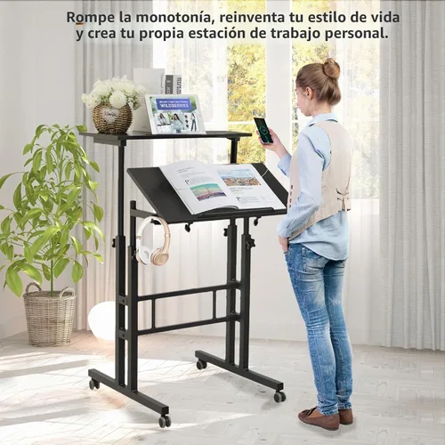 Vista 3 de Hadulcet Escritorio móvil de pie con estación de carga, escritorio ajustable para computadora de pie, carrito ajustable para laptop con ruedas