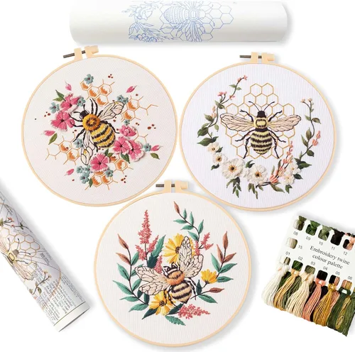 Vista 14 de REEWISLY Kit de bordado navideño para adultos principiantes, 4 belenes con 2 aros, kits de punto de cruz contado con hilo dental y agujas, kit