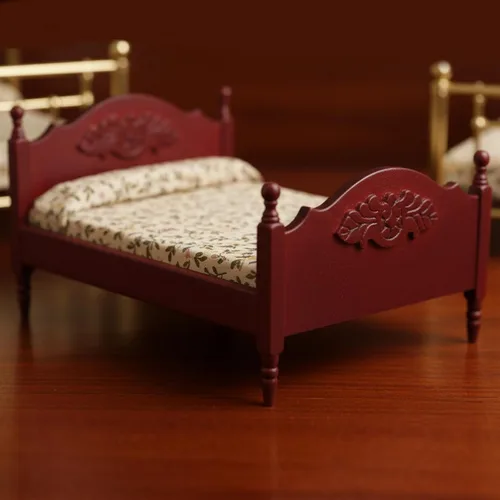 Vista 4 de Muebles en miniatura para casa de muñecas, cama de madera con tela, colchón y almohada, escala 1/12, decoración de muebles para casa de muñecas