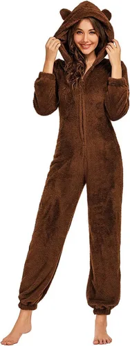 Vista 12 de chouyatou Pijama de Romper de Sherpa de Felpa Ultra Cómodo para Mujer con Capucha Linda de Orejas de Felpa Negro